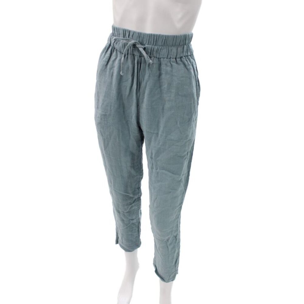 Lanhtropy Women Ankle Pants Blue Linen Blend Drawstring Casual Size S